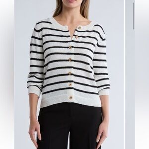 Bobeau Black and White Striped Cardigan